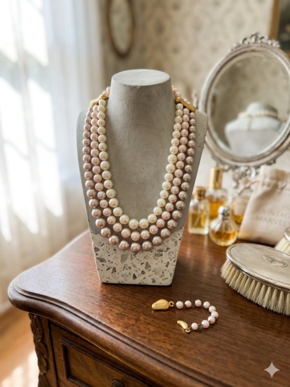 Vintage Marvella 3-Strand Pastel Ombre Faux Pearl Hook Clasp Choker Necklace